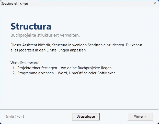 Willkommensschritt des Einrichtungs-Assistenten