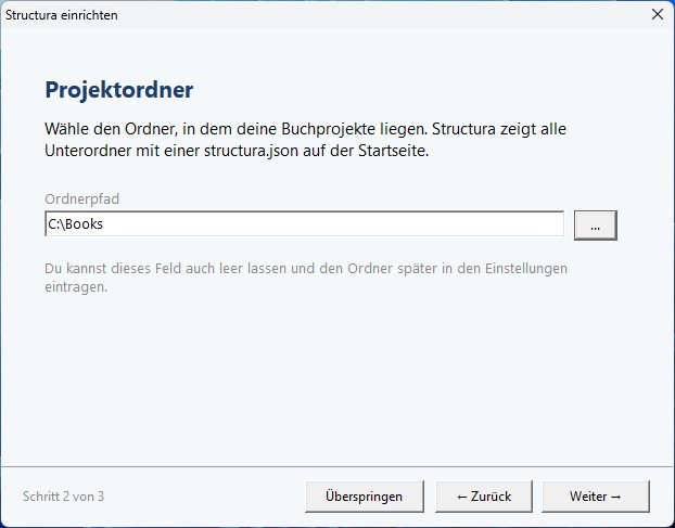 Assistent zum Festlegen des Projektordners