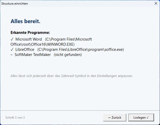 Abschluss des Einrichtungs-Assistenten mit erkannter Office-Software