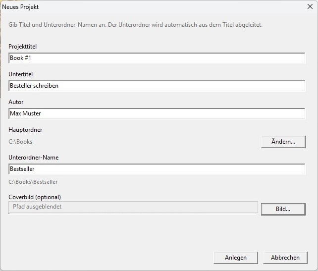 Dialog zum Anlegen eines neuen Projekts mit Titel, Autor und Coverbild