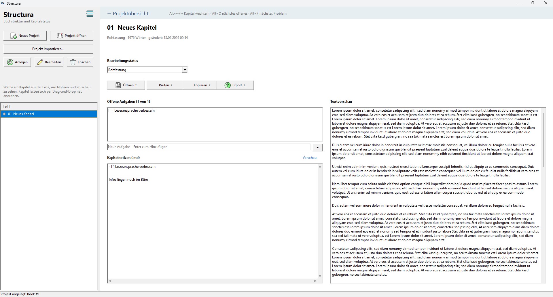 Kapitelansicht von Structura mit Status, offenen Aufgaben, Notizen und Text-Vorschau